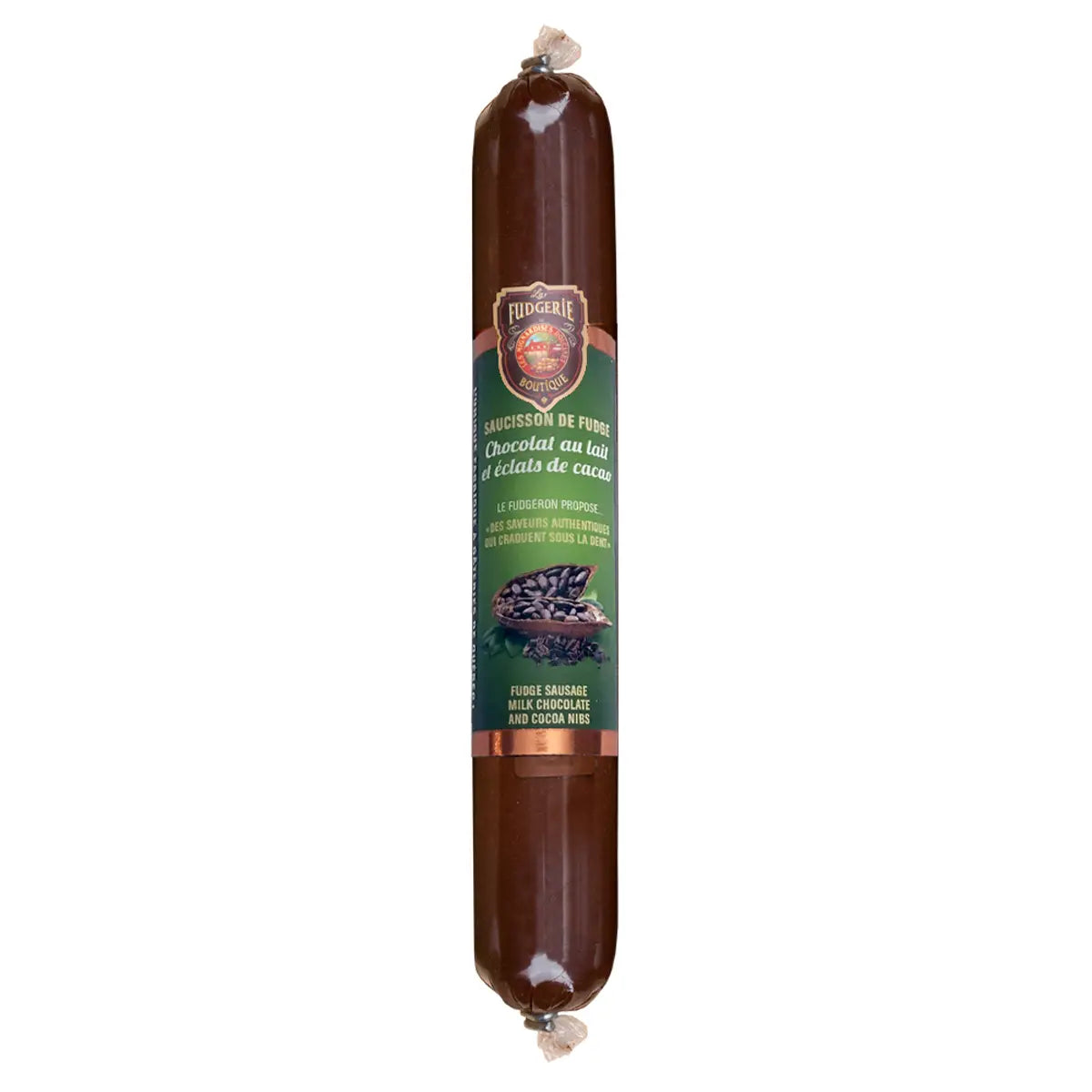 Saucisson de fudge chocolat au lait et éclats de fèves de cacao